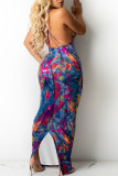 Blue Sexy Print Patchwork Spaghetti Strap Sling Dress Dresses