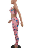 Pink Casual Print Patchwork Spaghetti Strap Sleeveless Two Pieces