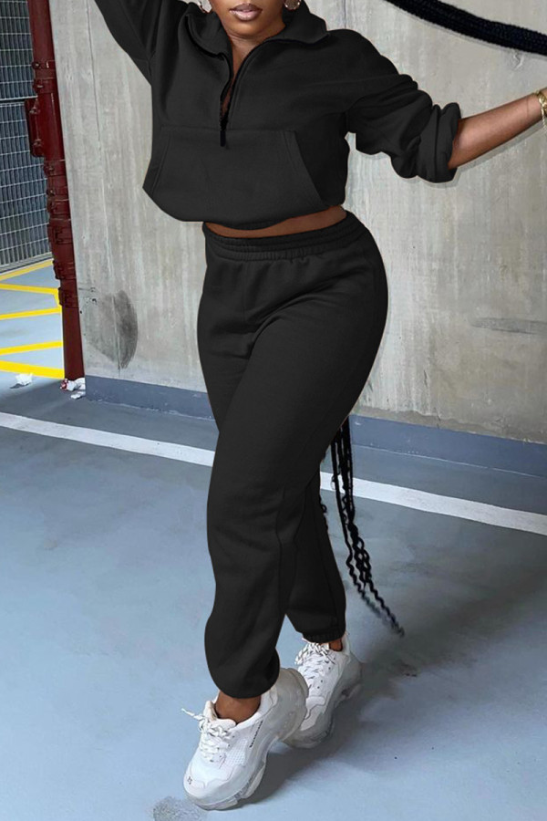 Black Fashion Casual Solid Zipper Turndown Collar Two Pieces