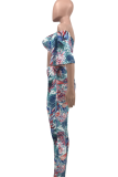 Blue Sexy Print Flounce Off the Shoulder Half Sleeve Two Pieces