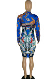 Multicolor Casual Print Patchwork Buckle Turndown Collar Shirt Dress Dresses