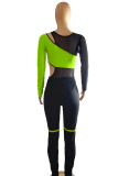 Orange Sexy Patchwork Hollowed Out Mesh O Neck Long Sleeve Two Pieces