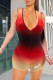 Red Black Sexy Gradual Change Patchwork Draw String Printing V Neck Skinny Rompers