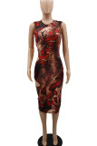 Brown Sexy Print Ripped Patchwork Backless O Neck Pencil Skirt Dresses