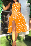 Yellow Sweet Print Polka Dot Patchwork Draw String Slit Spaghetti Strap Princess Dresses