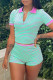 Blue Fashion Casual Striped Print Turndown Collar Short Sleeve Two Pieces