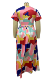 Colour Casual Print Patchwork V Neck Cake Skirt Plus Size Dresses