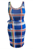 Blue Fashion Casual Plus Size Plaid Print Basic Square Collar Vest Dress