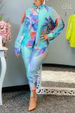 Blue Casual Print Patchwork Turndown Collar Long Sleeve Two Pieces