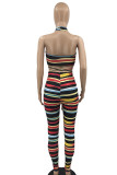 Red Sexy Striped Print Patchwork Frenulum Halter Sleeveless Two Pieces