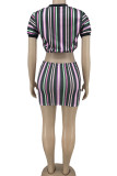 Blue Casual Striped Print Patchwork O Neck Short Sleeve Two Pieces