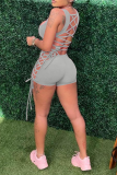 Grey Sexy Solid Hollowed Out Square Collar Skinny Rompers
