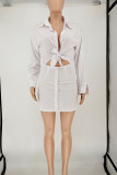 White Sexy Solid Bandage Split Joint Buckle Turndown Collar Long Sleeve Two Pieces