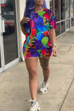 Multicolor Fashion Casual Print Basic O Neck Short Sleeve Two Pieces