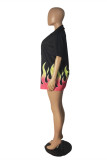 Black Fashion Casual Print Cardigan Turndown Collar Short Sleeve Two Pieces