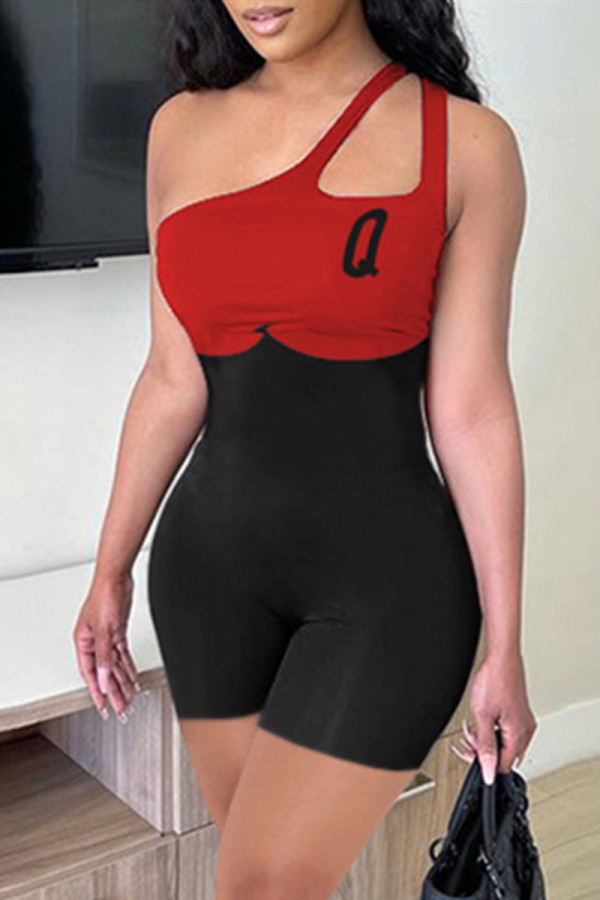 Red Fashion Sexy Patchwork Hollowed Out Backless One Shoulder Skinny Romper