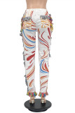 White Fashion Casual Print Tassel Patchwork Regular High Waist Pencil Trousers
