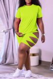 Pink Casual Solid Hollowed Out O Neck Short Sleeve Two Pieces