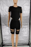 Black Casual Solid Hollowed Out Patchwork Asymmetrical O Neck Short Sleeve Two Pieces