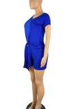 Blue Casual Solid Bandage Patchwork O Neck Short Sleeve Two Pieces