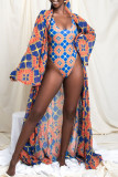 Multicolor Fashion Sexy Print Long Sleeve Cardigan Swimwears Set