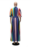 Multicolor Fashion Striped Print Frenulum Turndown Collar Long Dress