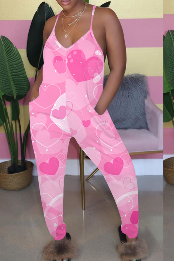 Pink Sexy Print Patchwork Spaghetti Strap Straight Jumpsuits