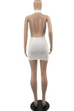 White Sexy Solid Hollowed Out Backless Halter Sleeveless Dress