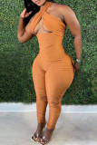 Orange Fashion Sexy Solid Backless Fold Halter Skinny Jumpsuits