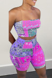 Rose Red Fashion Sexy Print Backless Strapless Sleeveless Two Pieces