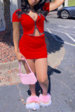 Red Sexy Solid Patchwork Zipper Collar Short Sleeve Two Pieces