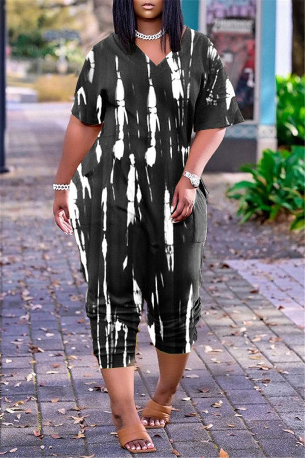 Black Fashion Casual Print Basic V Neck Regular Jumpsuits