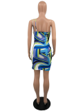 Blue Sexy Print Patchwork Spaghetti Strap Pencil Skirt Dresses