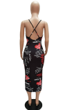 Red Sexy Print Patchwork Spaghetti Strap Pencil Skirt Dresses