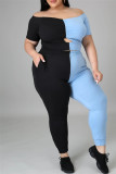 Blue Fashion Casual Patchwork Hollowed Out Off the Shoulder Plus Size Two Pieces