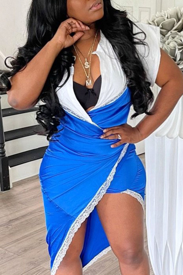Blue Sexy Solid Lace Patchwork Asymmetrical O Neck Irregular Dress Dresses