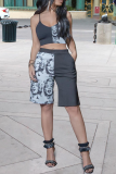 Grey Casual Print Patchwork Spaghetti Strap Sleeveless Two Pieces