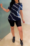 Light Blue Casual Print Patchwork O Neck Mid Waist T-Shirts