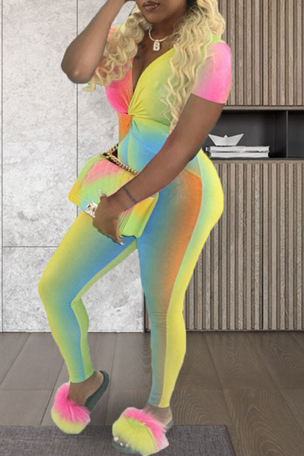 Colour Fashion Casual Print Basic V Neck Regular Jumpsuits