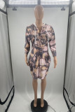 Khaki Fashion Casual Plus Size Tie Dye Printing Hooded Collar Long Sleeve Dresses