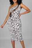 Leopard Print Sexy Print Bandage Hollowed Out Patchwork Oblique Collar Pencil Skirt Dresses