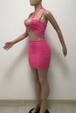 Pink Sexy Solid Hollowed Out Patchwork Frenulum Asymmetrical Collar Sleeveless Two Pieces