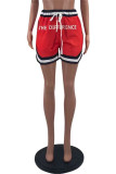 Red Fashion Casual Letter Print Patchwork Regular Mid Waist Shorts