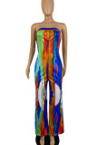 Blue Sexy Print Bandage Patchwork Strapless Straight Jumpsuits