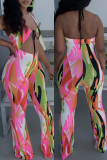 Orange Fashion Sexy Print Hollowed Out Backless Halter Regular Jumpsuits