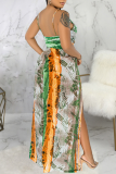 Green Sexy Print High Opening Spaghetti Strap Straight Dresses