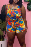Yellow Casual Print Patchwork U Neck Sleeveless Two Pieces