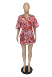 Red Fashion Sexy Print Bandage V Neck Short Sleeve Dress