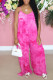 Rose Red Fashion Casual Tie Dye Printing Spaghetti Strap Plus Size Jumpsuits