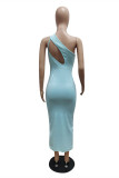 Light Blue Fashion Sexy Solid Hollowed Out One Shoulder Sleeveless Dress
